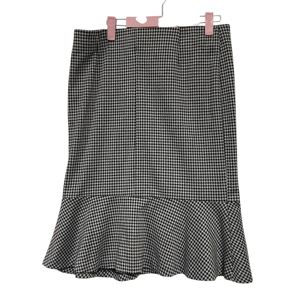 Attyre New York Black White Houndstooth Mermaid Flounce Midi Skirt Womens Sz 10